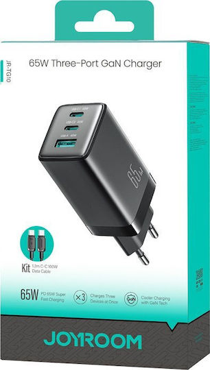 Joyroom Φορτιστής GaN με Θύρα USB-A και 2 Θύρες USB-C και Καλώδιο USB-C - USB-C 65W Μαύρος (JR-TG10)