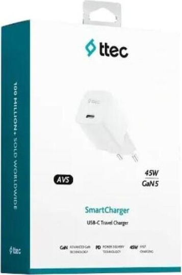 TTEC Wireless Charger GaN With USB-C Port 45W Power Delivery White SmartCharger