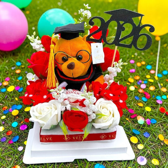 Graduation Arrangement Graduate 2026 Plush Teddy Bear Soap Roses Hydrangeas Raffaello Praline