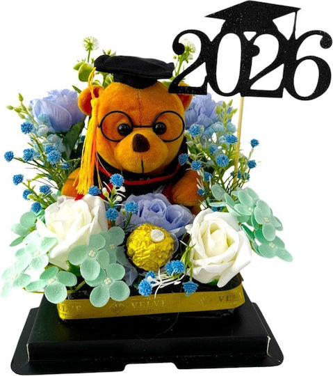 Aranjament De Absolvire Ursuleț De Pluș Absolvent 2026 Trandafiri Săpun Hortensii Praline Ferrero