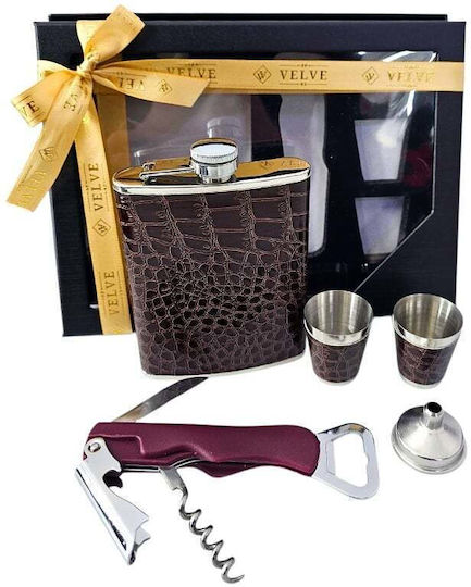 Vlv Set Cadou Bărbătesc Ploscă Pahare Pâlnie Deschizător Maro Burgund