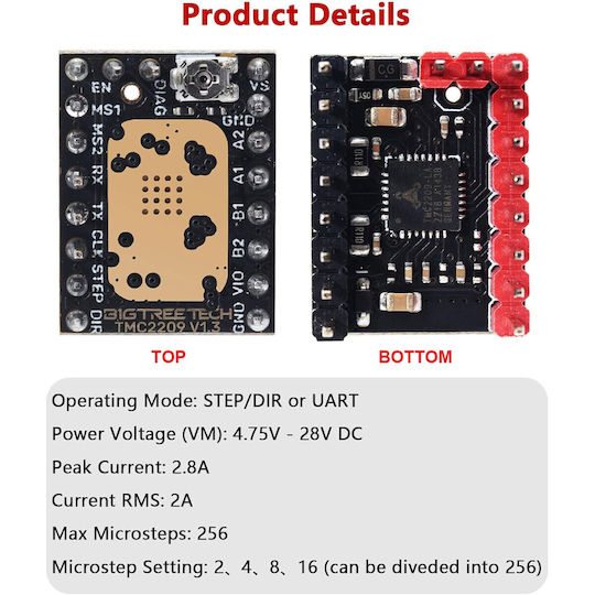 Kingprint Tmc2209 V1.2 Driver Motor Pași 2.8a Peak Ultra-silențios Stealthchop2 Uart/step-dir 1/256 Microstep Compatibil Skr V1.3/pro Imprimante 3D Fdm