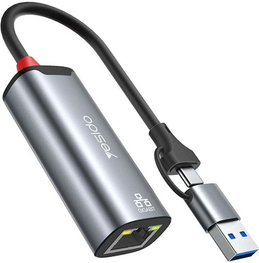 Ethernet Adapter Usb 3.0 Usb Type-c To Rj45 Gigabit 1000mbps Aluminum Yesido Gray