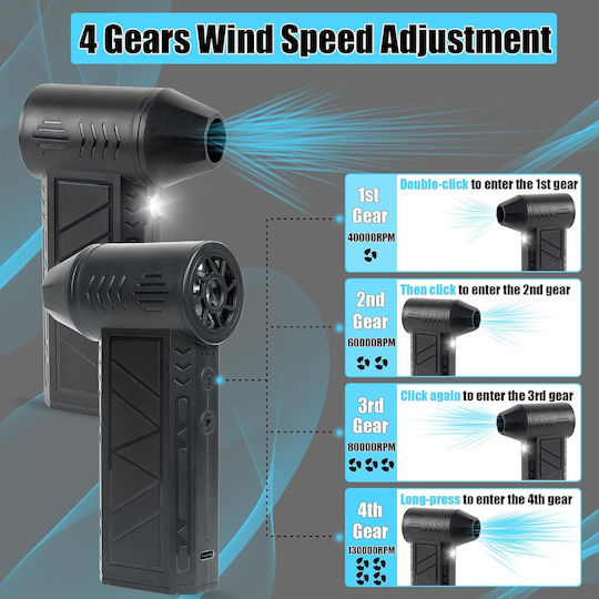 Suflantă de Mână Portabilă Aer Comprimat Spray 130000 Rpm Lanternă Led 4 Trepte de Viteză Încărcare Rapidă Usb-c Baterie 5000 Mah Neagră