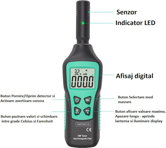 Invincio Detector Radiații Electromagnetice Mg Mt V/m Detectare Afișaj Lcd Iluminat Măsoară Temperatură ℃/℉ Funcție Memorie Valoare Maximă Lanternă Culoare Verde