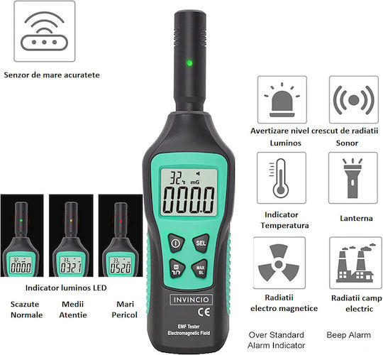 Invincio Detector Radiații Electromagnetice Mg Mt V/m Detectare Afișaj Lcd Iluminat Măsoară Temperatură ℃/℉ Funcție Memorie Valoare Maximă Lanternă Culoare Verde