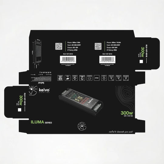 kelvo Adjustable LED Power Supply IP20 Power 300W with Output Voltage 12V