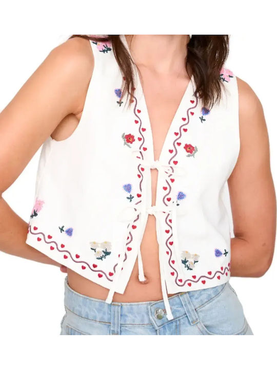 Women's Summer Crop Top Linen Sleeveless with V-Neckline Floral White