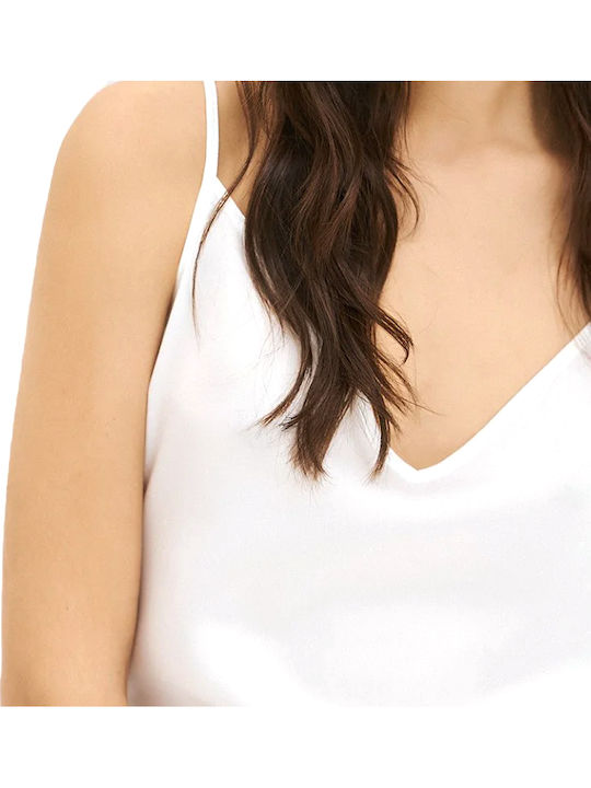 Women's Satin Sleeveless Blouse with V-Neckline White