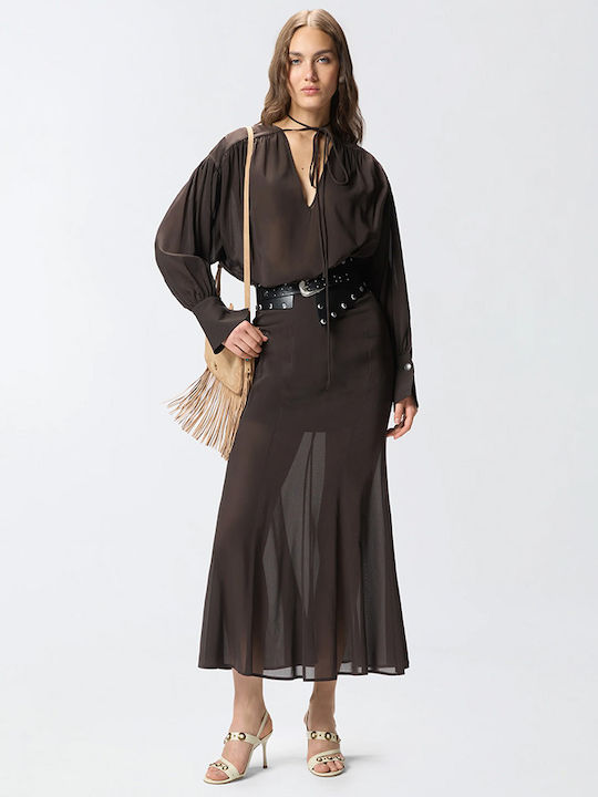 Women's Cotton Long Sleeve Blouse with V-Neck Brown