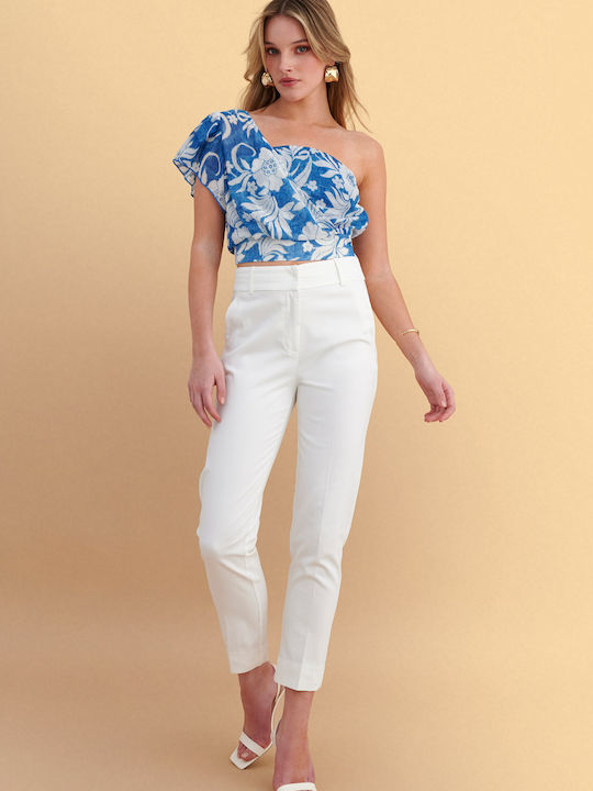 Γυναικείο Crop Top με έναν Ώμο Floral Μπλε