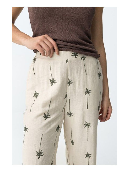 Women's Pantaloons with Rubber Band in Loose Fit Floral Beige