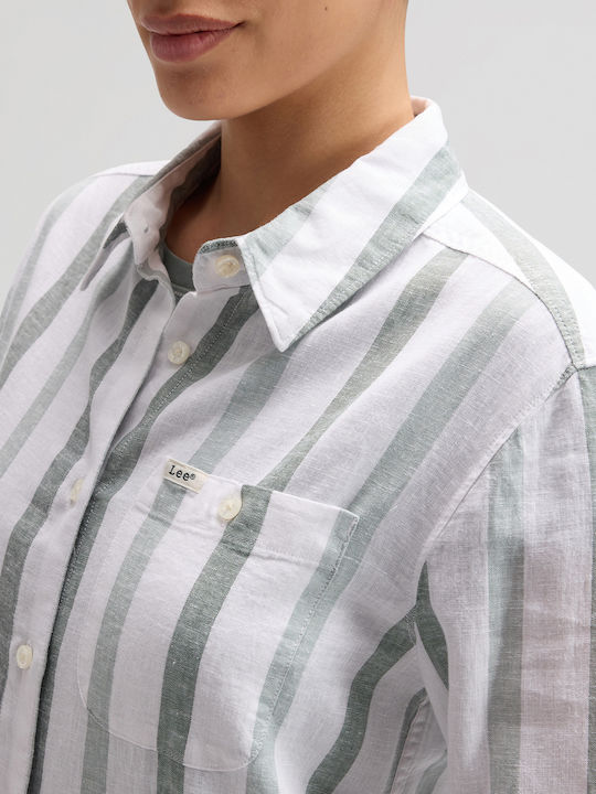Long Sleeve Women's Linen Shirt White Striped