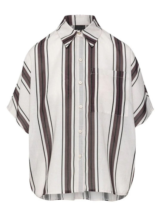 Short Sleeve Women's Shirt Brown-Beige Striped