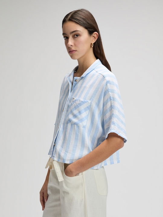 Short Sleeve Women's Linen Shirt Light Blue Striped