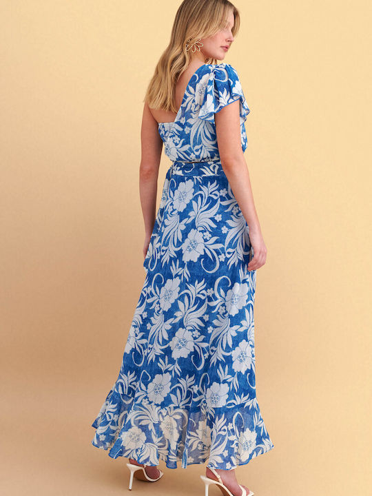 Denim Maxi Skirt Floral Blue