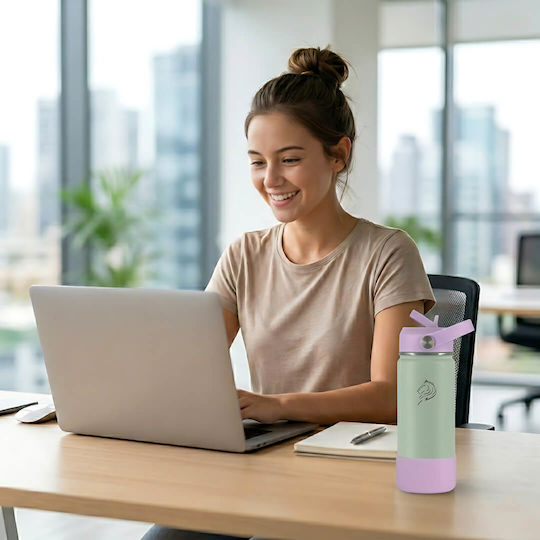 Cool'NMore Stainless Steel Thermos Bottle BPA Free 500ml Stainless Steel with Straw Handle Loop and Mouthpiece