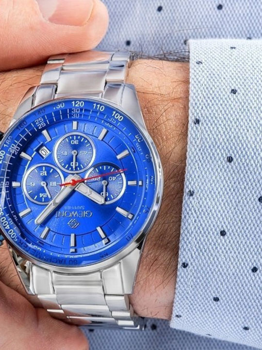 Men's Watch 43mm Chronograph Battery with Stainless Steel Bracelet Silver/Blue