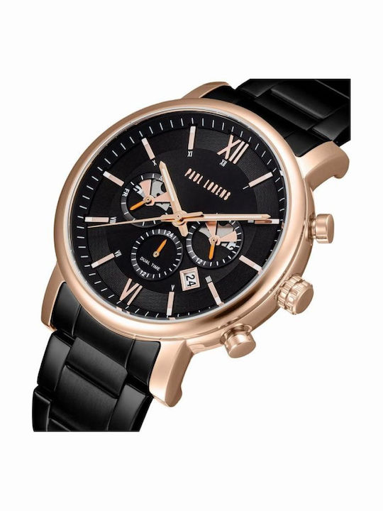 Paul Lorens Мъжки Часовник 44mm На Батерия с Черна Метална Гривна