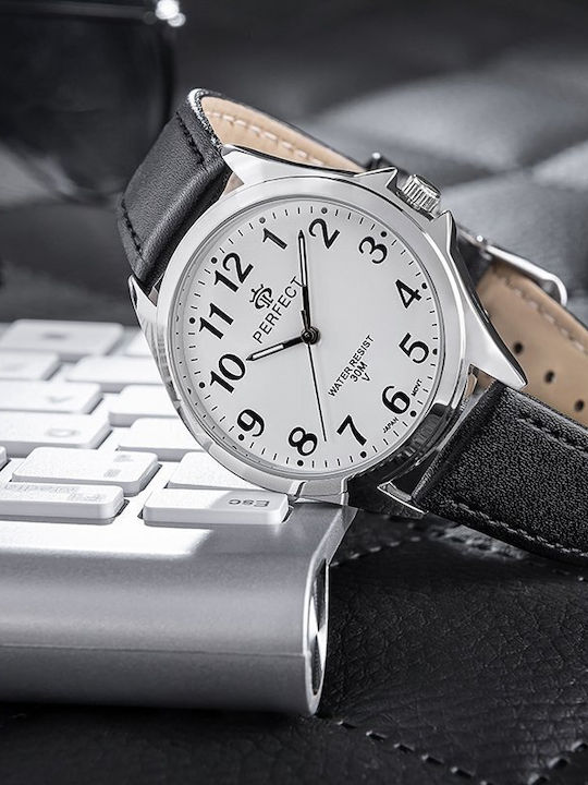 Perfect Men's Battery Watch with Black Leather Strap