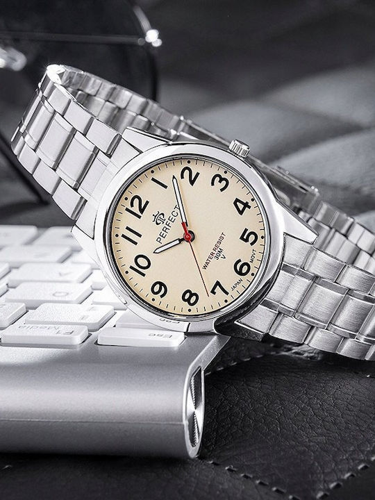 Perfect Men's Battery Watch with Silver Metal Bracelet
