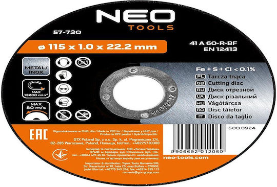 Neo Metal Cutting Disc 115 X 1.0 X 22.2 Mm 41 A60-r-bf Inox 10 Pcs