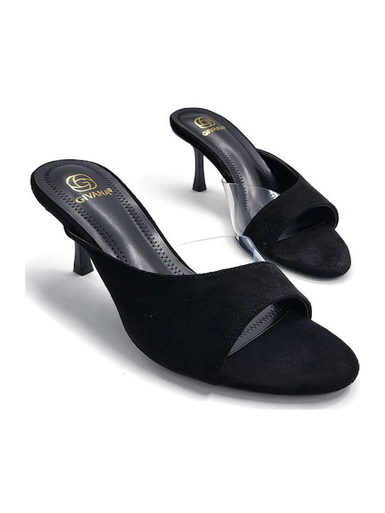 Suede Mules With Thin High Heel In Black Colour