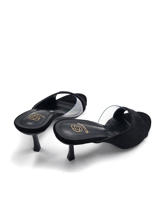 Suede Mules With Thin High Heel In Black Colour