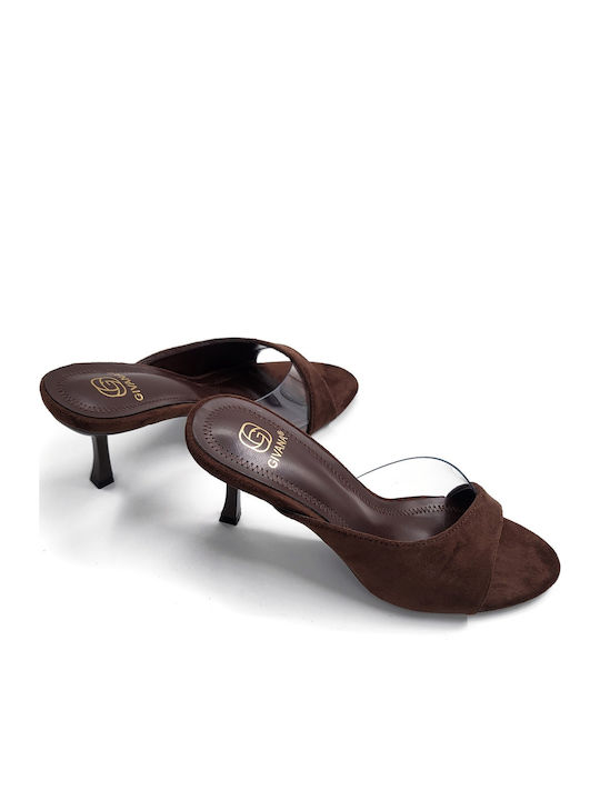 Suede Mules με Λεπτό Ψηλό Τακούνι σε Καφέ Χρώμα