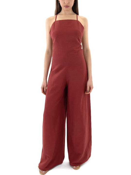 Women's Linen Off-Shoulder One-Piece Jumpsuit Red