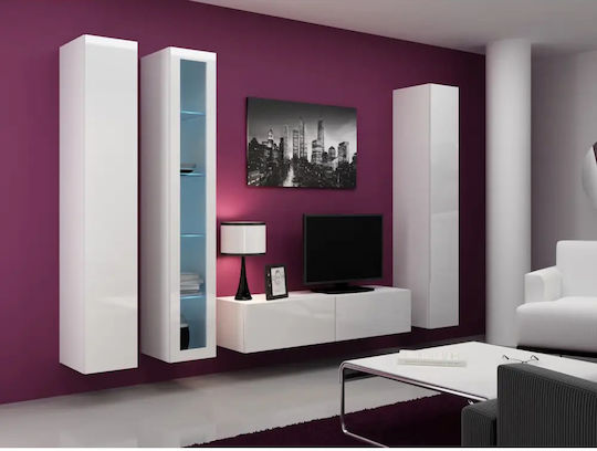Vigo 180 Wall Living Room Display Cabinet made of Particleboard with Glass White / White Gloss 40x30x180cm