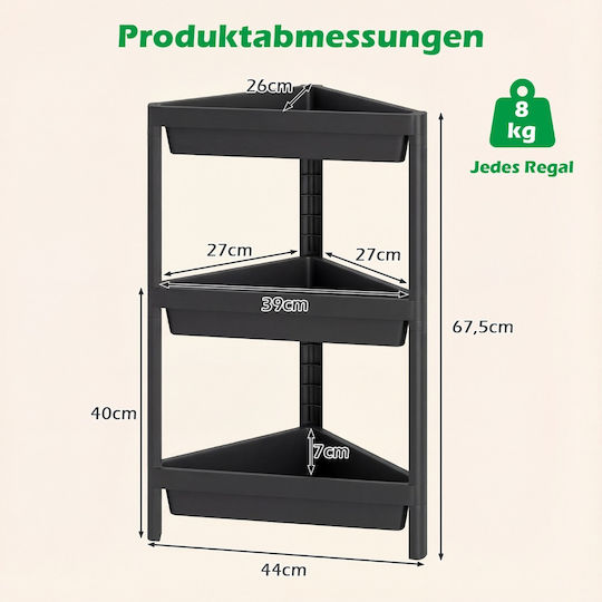 Costway Corner Floor Bathroom Shelf Plastic 67.5x44.45x25.4cm Black