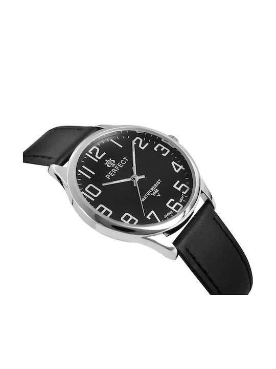 Perfect Men's Battery Watch with Black Leather Strap