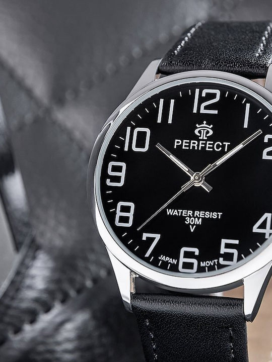 Perfect Men's Battery Watch with Black Leather Strap