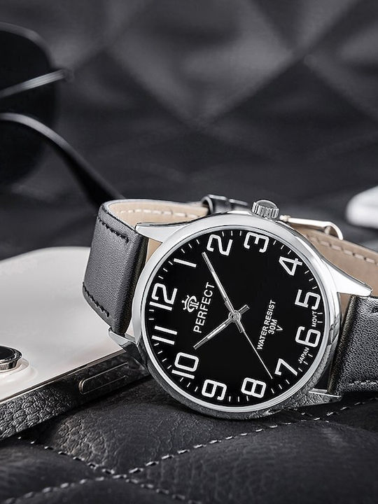 Perfect Men's Battery Watch with Black Leather Strap