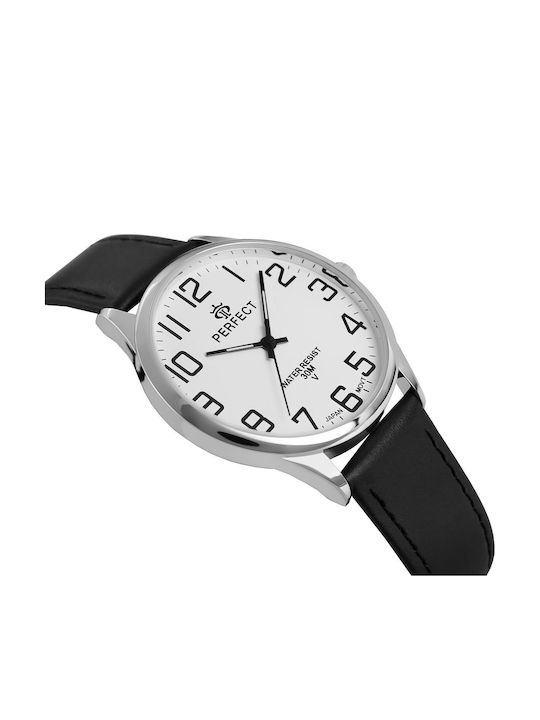 Perfect Men's Battery Watch with Black Leather Strap