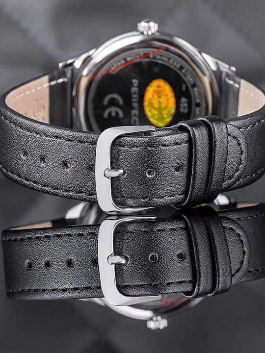 Perfect Men's Battery Watch with Black Leather Strap