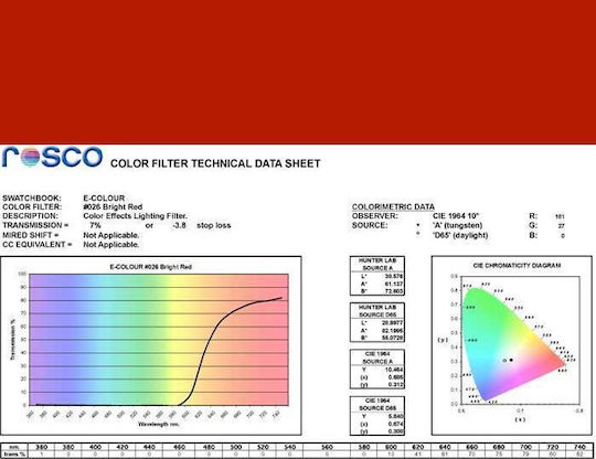 Rosco E026 Bright Red Color Filter Sheet 122cm X 50cm