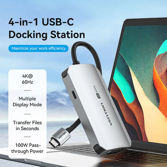 Vention TQAHB USB-C Докинг станция с HDMI 4K PD Етърнет и свързване 2 монитора Сив