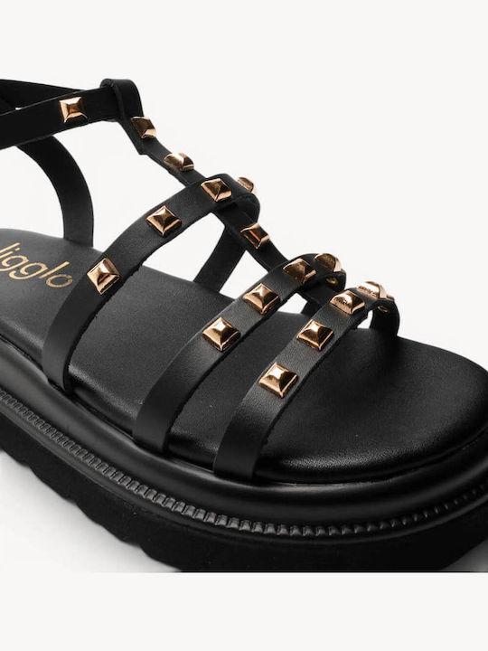 Flatforme De Piele Negre Cu Ținte Aurii Și Curele