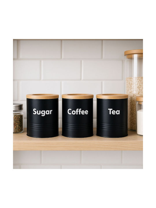 Relaxdays Set 3 Bucăți Vaze pentru Cafea / Ceai / Zahăr cu Capac Lemn Negru 1000ml 3 Bucăți