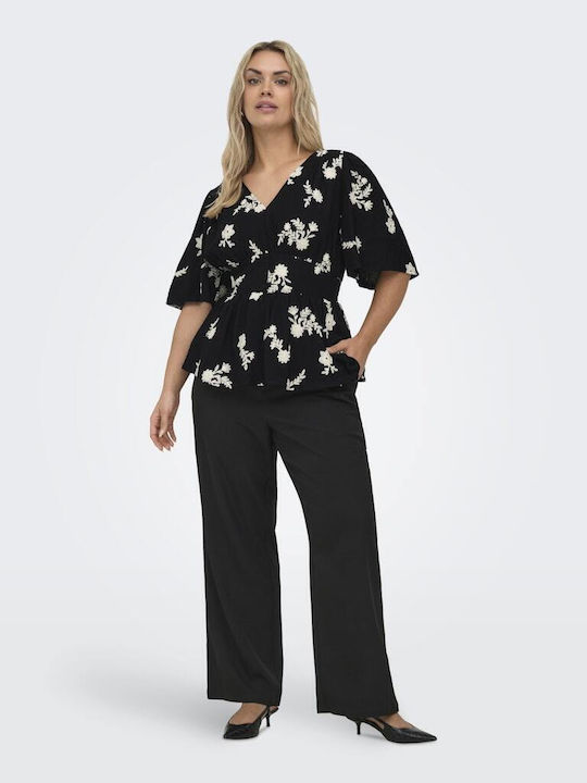 Women's Cotton Blouse with V-Neck Floral Black