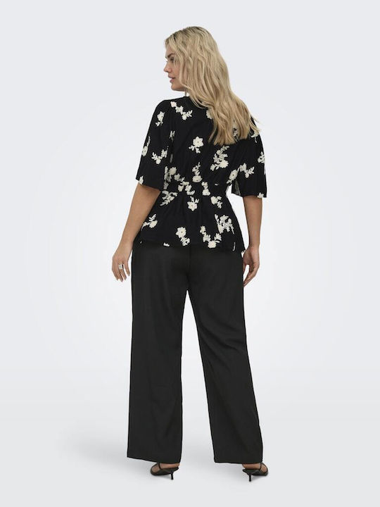 Women's Cotton Blouse with V-Neck Floral Black