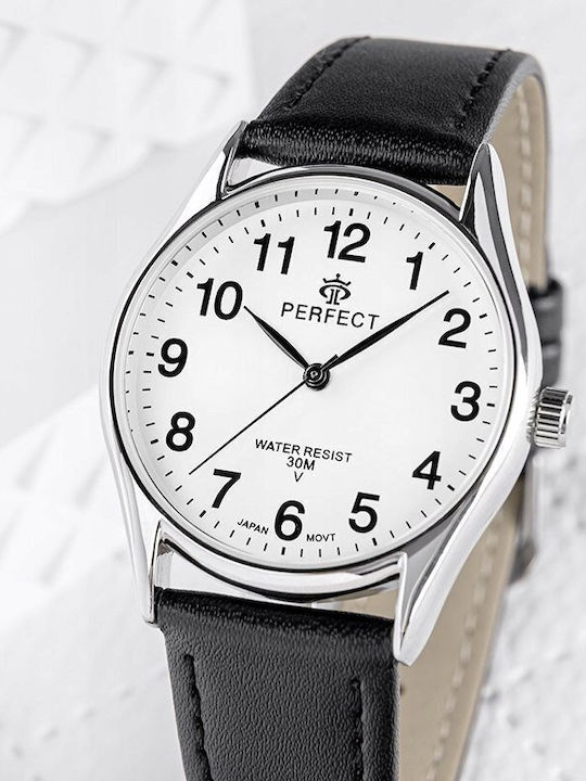 Perfect Γυναικείο Ρολόι 34mm Μπαταρίας με Μαύρο Δερμάτινο Λουράκι
