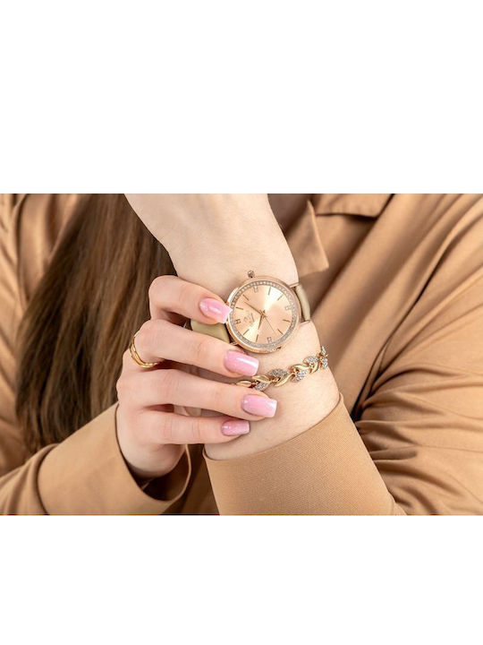 Giewont Womens Battery Watch With Pink Gold Leather Strap