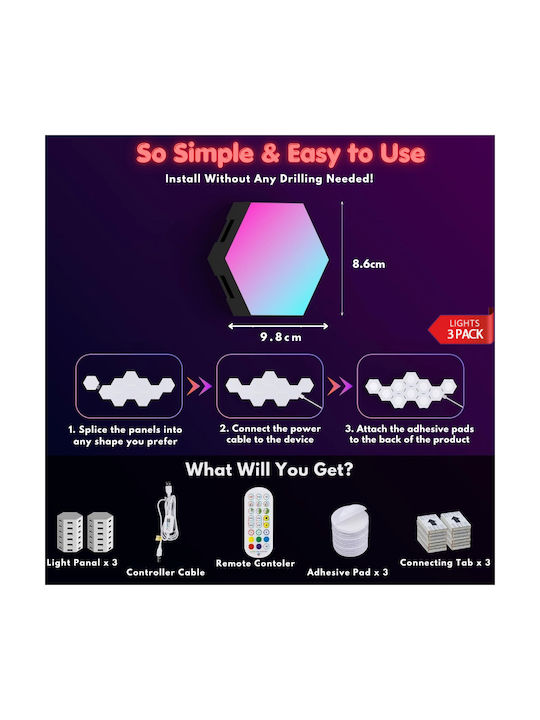 Qova Smart Διακοσμητικό Φωτιστικό LED RGBIC Hexagon 3τμχ