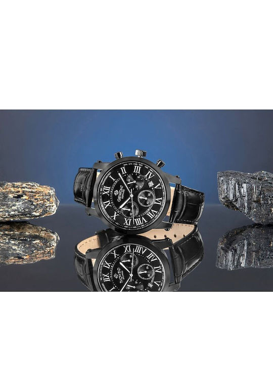 Giewont Herrenuhr 42mm Chronograph Batterie mit Schwarz Lederriemen