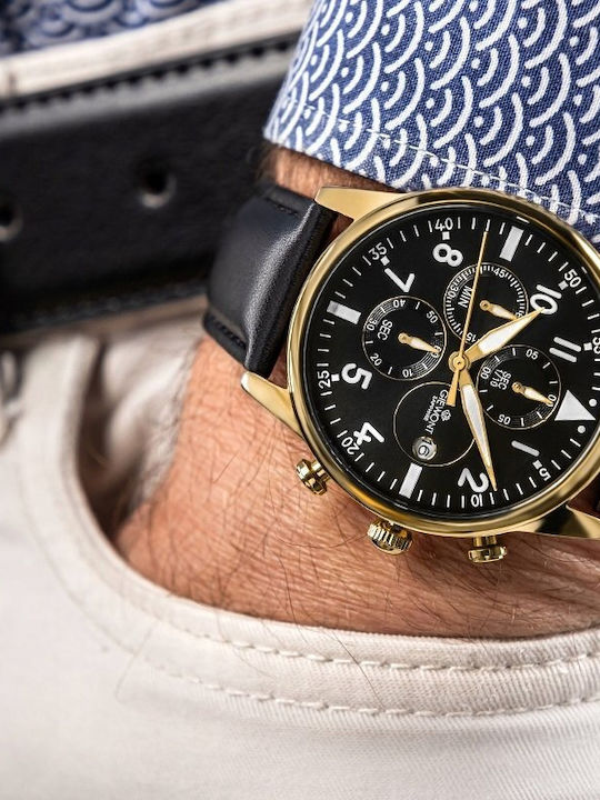 Men's Watch 22mm Chronograph Battery with Black Leather Strap