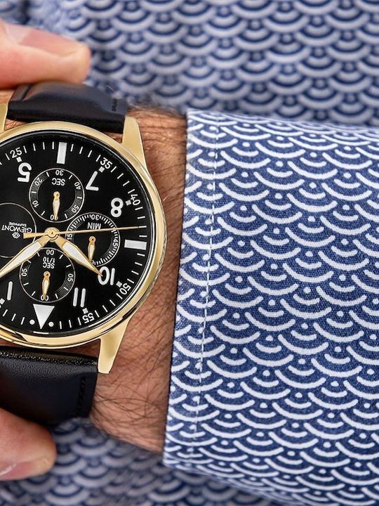 Men's Watch 22mm Chronograph Battery with Black Leather Strap