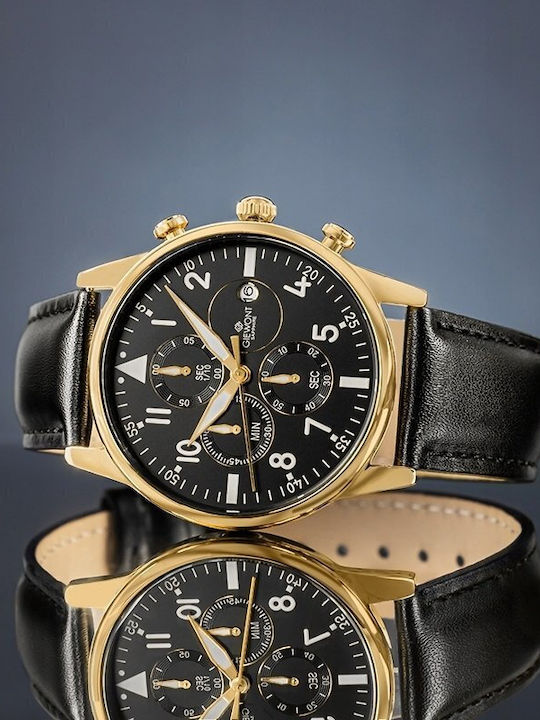 Men's Watch 22mm Chronograph Battery with Black Leather Strap